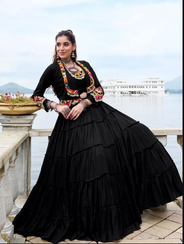 Black Rayon Gamthi Jacket Lehenga Choli with 10 Meters Flair