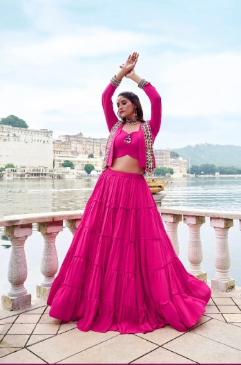 Pink Rayon Mirror Gamthi Lehenga Choli with  10 Meters Flair