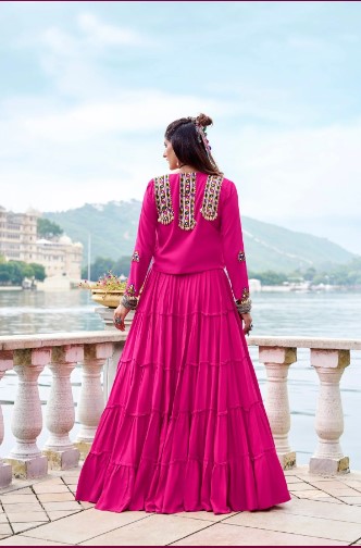 Pink Rayon Mirror Gamthi Lehenga Choli with  10 Meters Flair