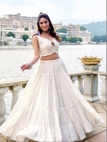 White Rayon Mirror Gamthi Lehenga Choli