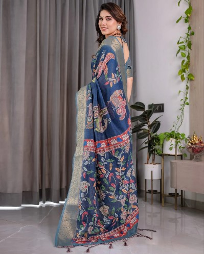Teal Blue Digital Floral Linen Saree