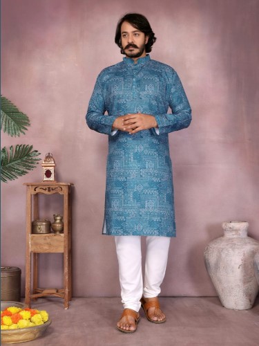 Mid Blue Premium Cotton Sequence Work Mens Kurta Pyjama