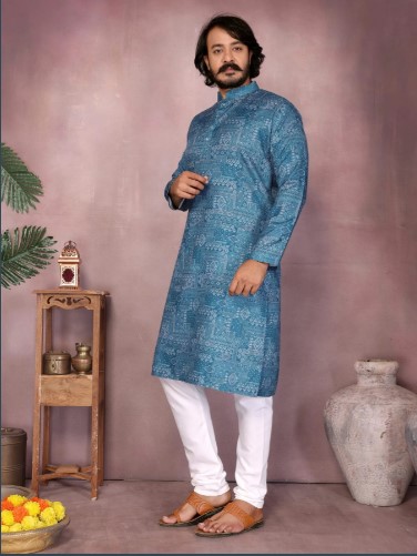Mid Blue Premium Cotton Sequence Work Mens Kurta Pyjama