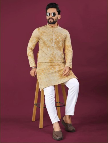 Lucknowi Yellow Pure Rayon Elegance Kurta Pajama