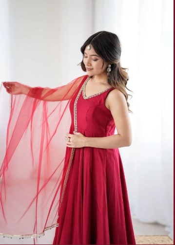 Maroon Roman silk Chanderi Anarkali Suit with Dupatta and Pant