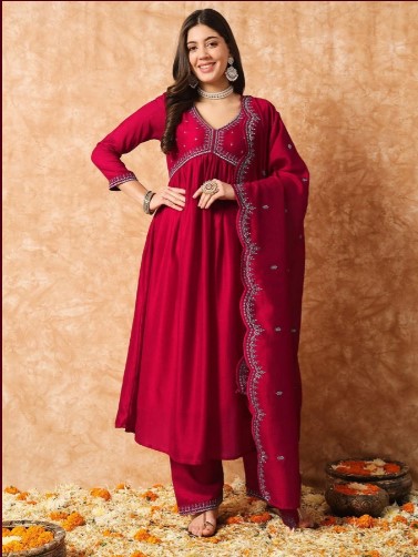 Red Vichitra Silk Embroidered A-Line Kurta Set