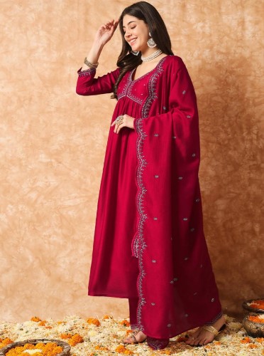 Red Vichitra Silk Embroidered A-Line Kurta Set