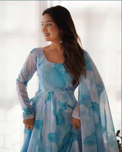 Marble Print Organza Anarkali Set with Gota Dupatta