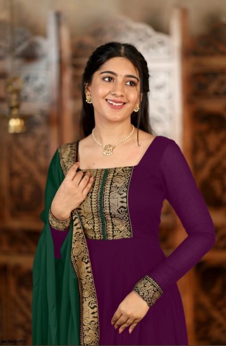 Purple Vichitra Silk Embroidered Kurti Set with Jacquard Lace Dupatta