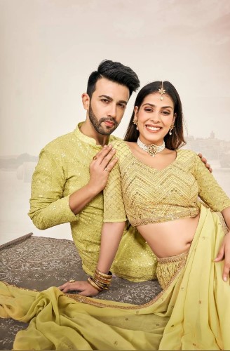 Haldi Ceremony Couple Dress Georgette Lehenga with Kurta Pajama