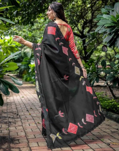 Black Cotton Printed Saree with Designer Blouse