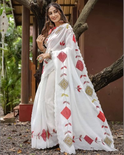 White Chanderi Cotton Bandhani Saree