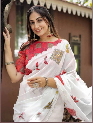 White Chanderi Cotton Bandhani Saree