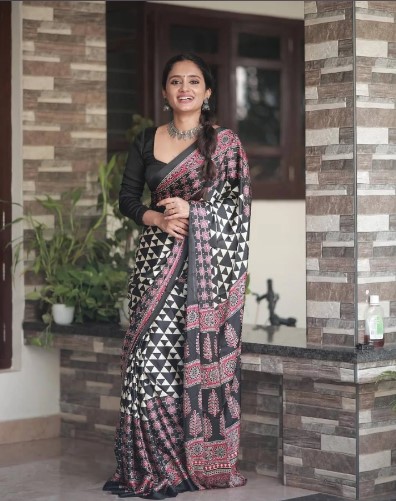 ajrakh printed japan silk saree