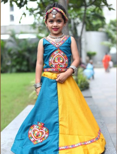 Yellow Designer Roman Silk Kids Navratri Lehenga Choli