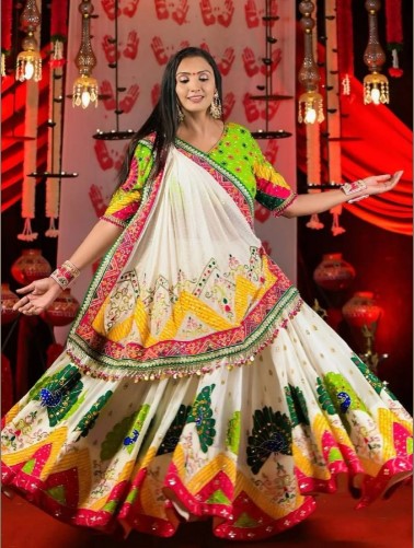 Multicolor Muslin Lehenga Choli with Mirror Work