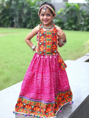 Pink Roman Silk Kids Lehenga Choli with Gota Patti