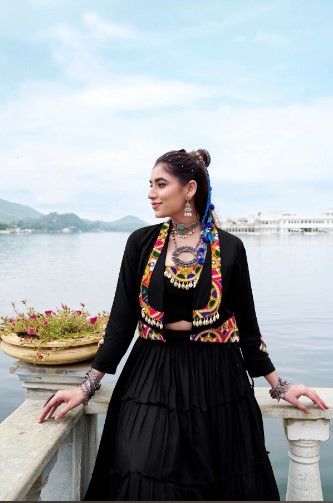 Black Rayon Gamthi Jacket Lehenga Choli