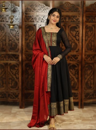 Black Vichitra Silk Suit with Jacquard Lace and Dupatta