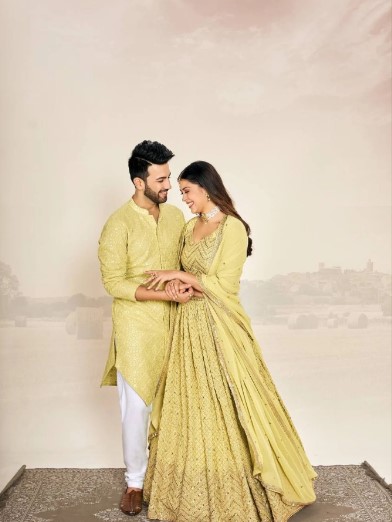 Haldi Ceremony Couple Dress Georgette Lehenga with Kurta Pajama
