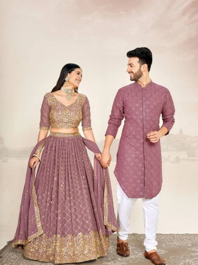 Mauve Soft Georgette Embroidered Wedding Wear Couple Wear