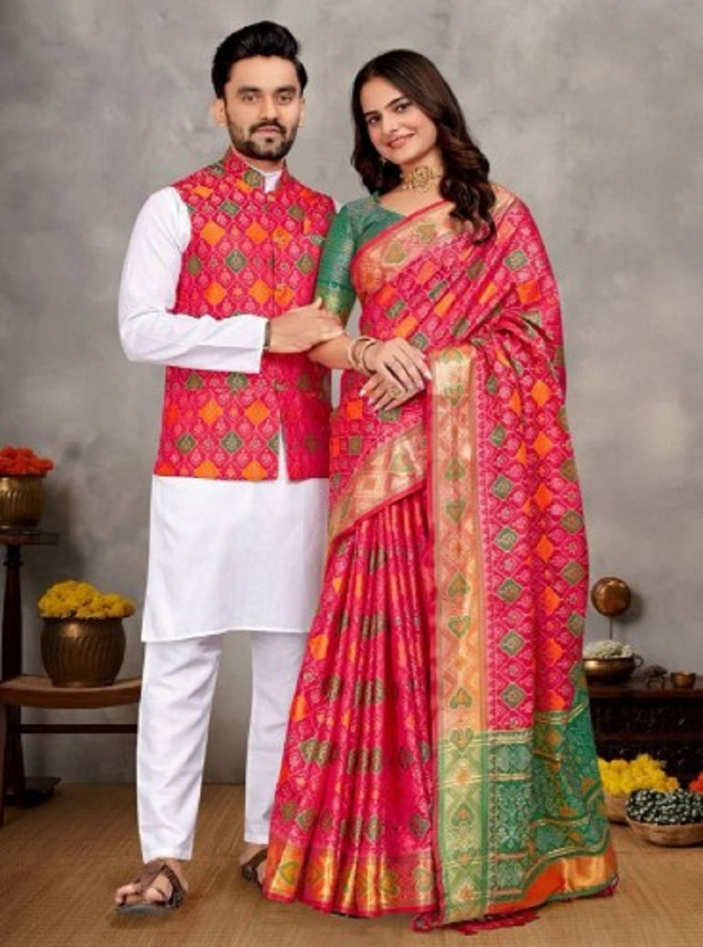 Couple Wear Kurta Pajama with Koti for Men and Matching Saree