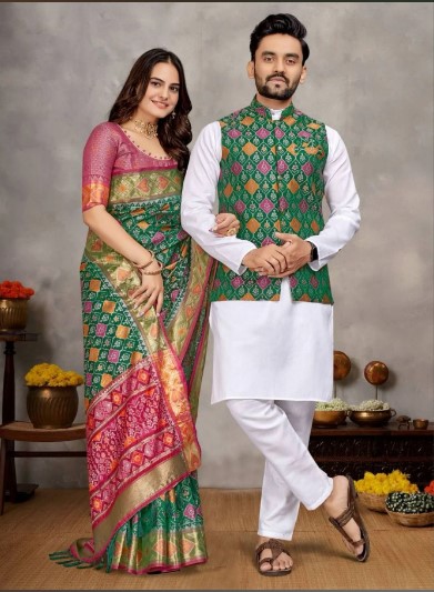 Couple Combo of Mens Kurta Pajama with Koti and Womens Jacquard Silk Saree