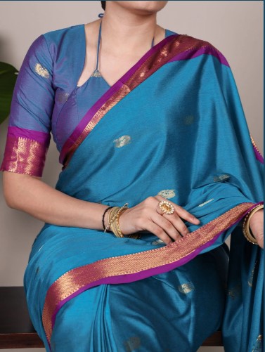 Sea Blue Cotton Silk Saree with Elegant Paithani Concept